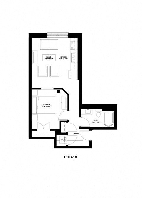 Floor plan for 1 bed, 1 bath, 616 sqft
